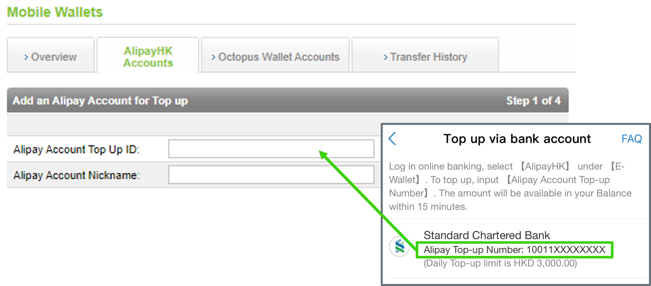 After login to Online Banking, go to ‘Mobile Wallets’ section. Select ‘AlipayHK Accounts’ then ‘Add a new Alipay Account’.