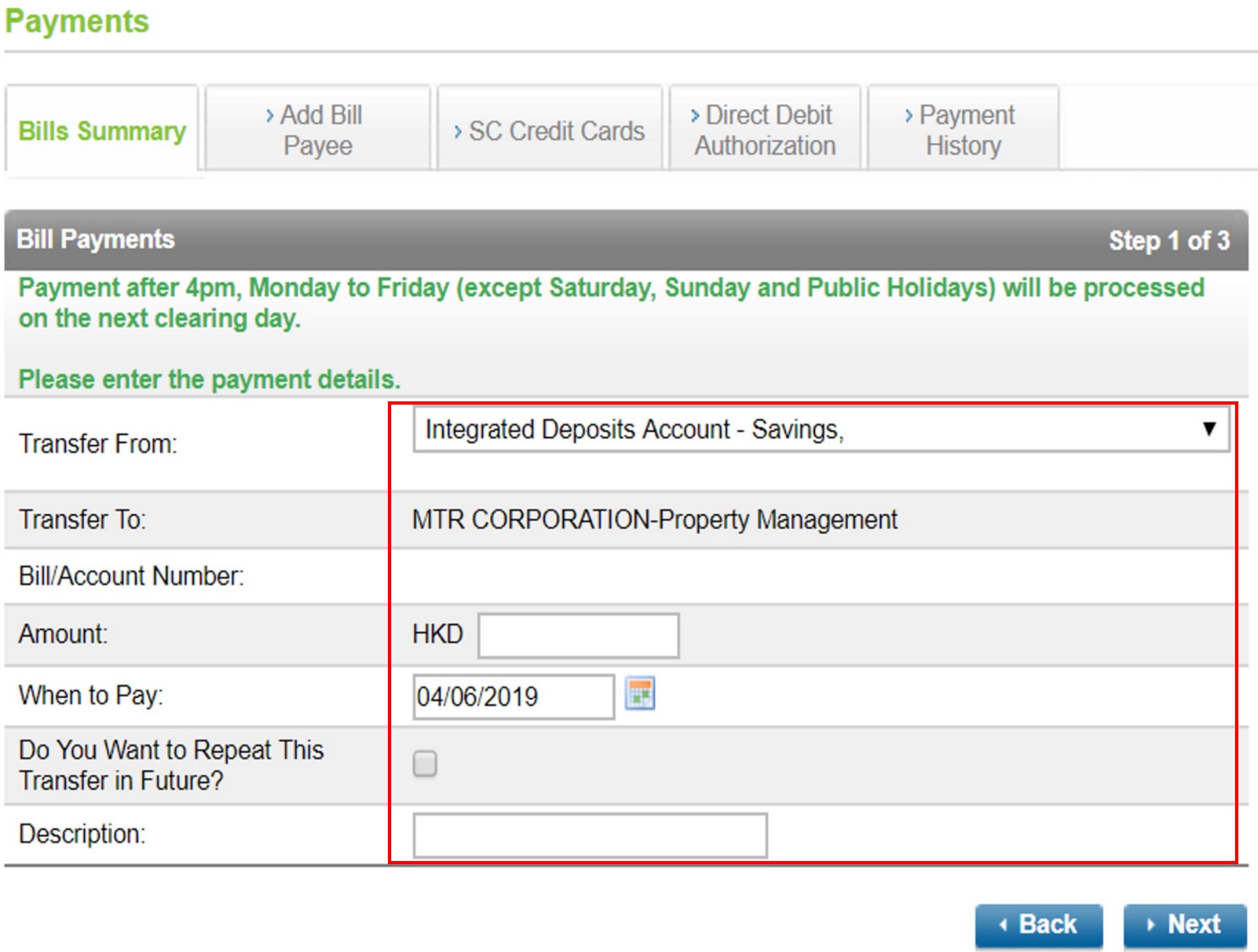 How to pay the bill via Online Banking Step 2