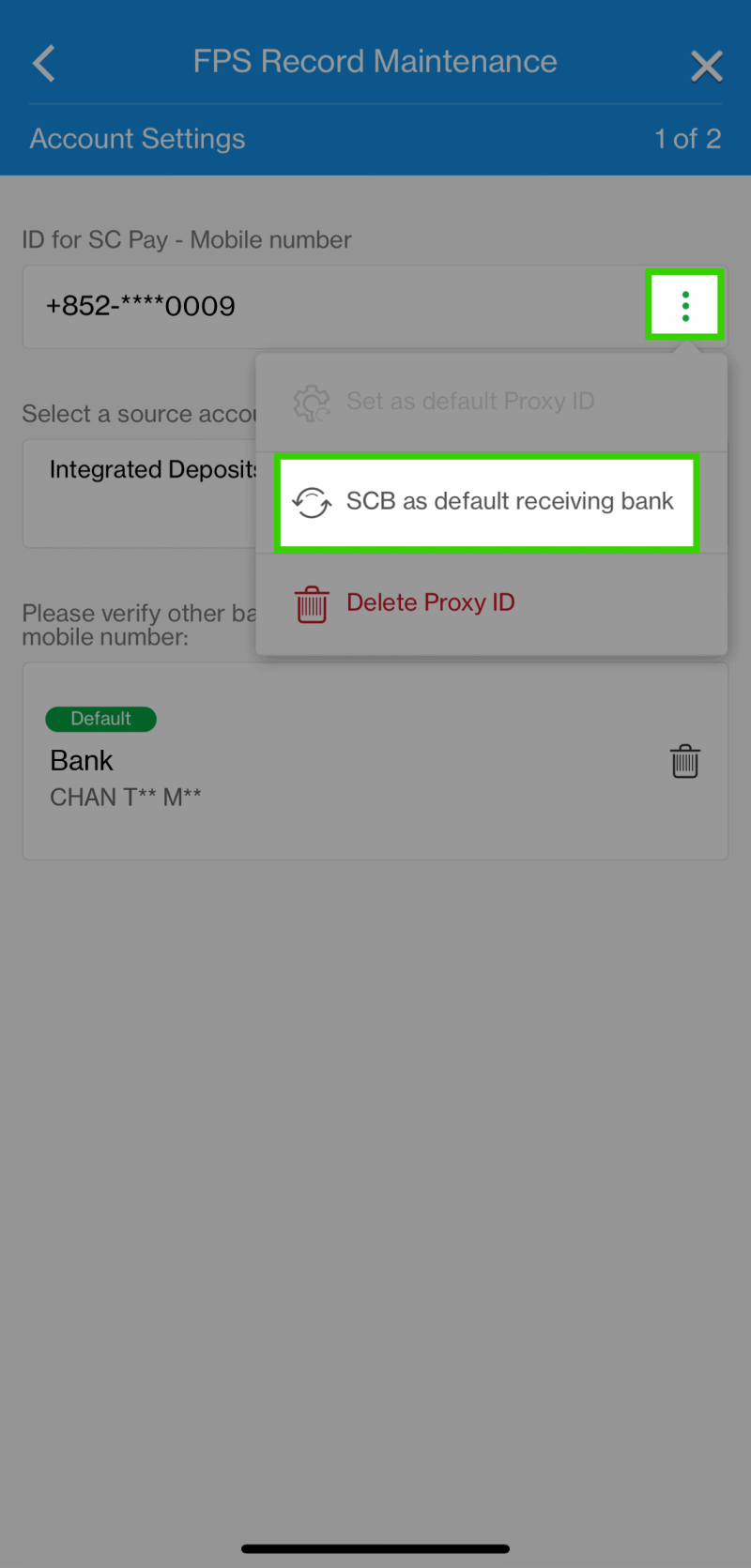 How to set Standard Chartered Bank as the FPS default receiving bank Step 4
