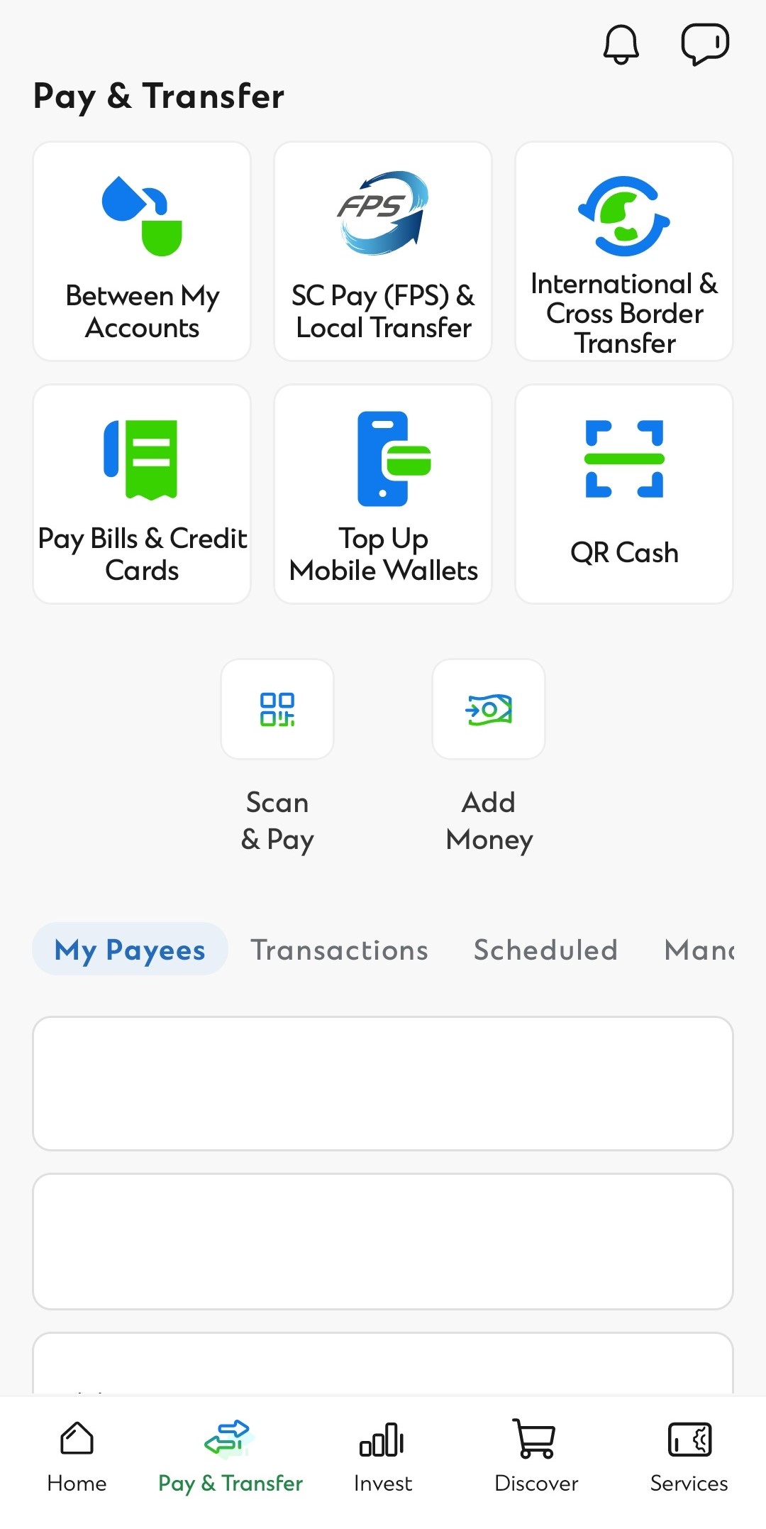 Register for FPS on WeChat Pay HK using your Hong Kong mobile number. After login to SC Mobile App, go to ‘Transfer & Payment’ and select SC Pay (FPS)