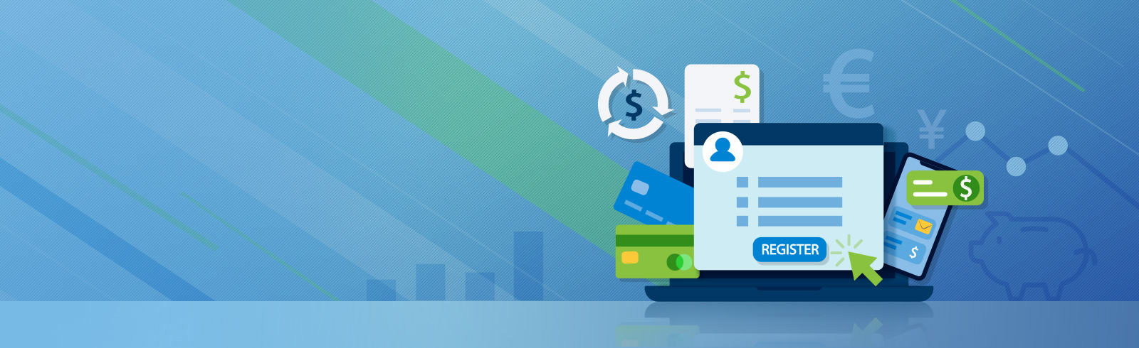 cartoon laptop showing a registeration page, surrounded by icons of payment, credit cards and other banking services