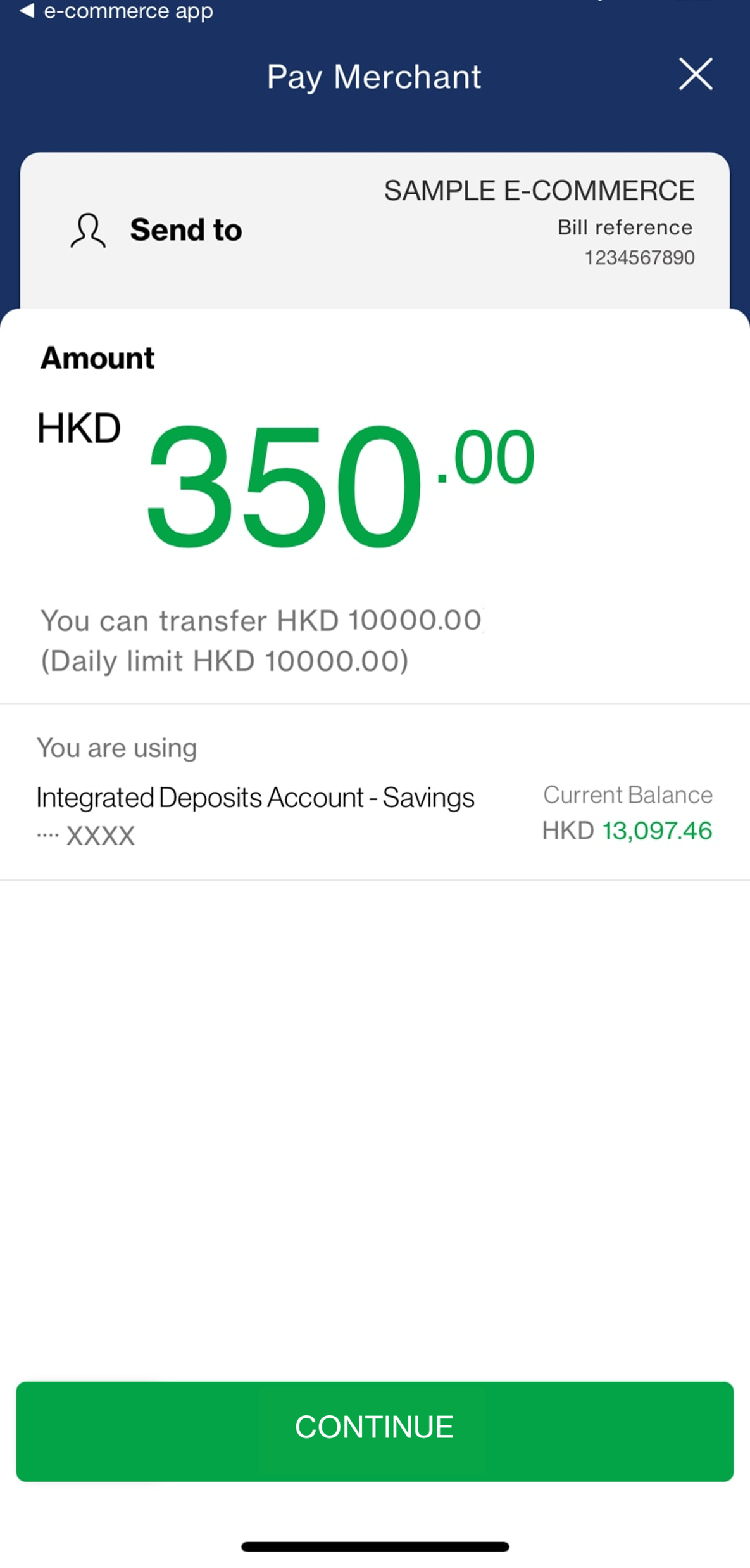 Merchant name, bill reference and amount will be automatically filled in