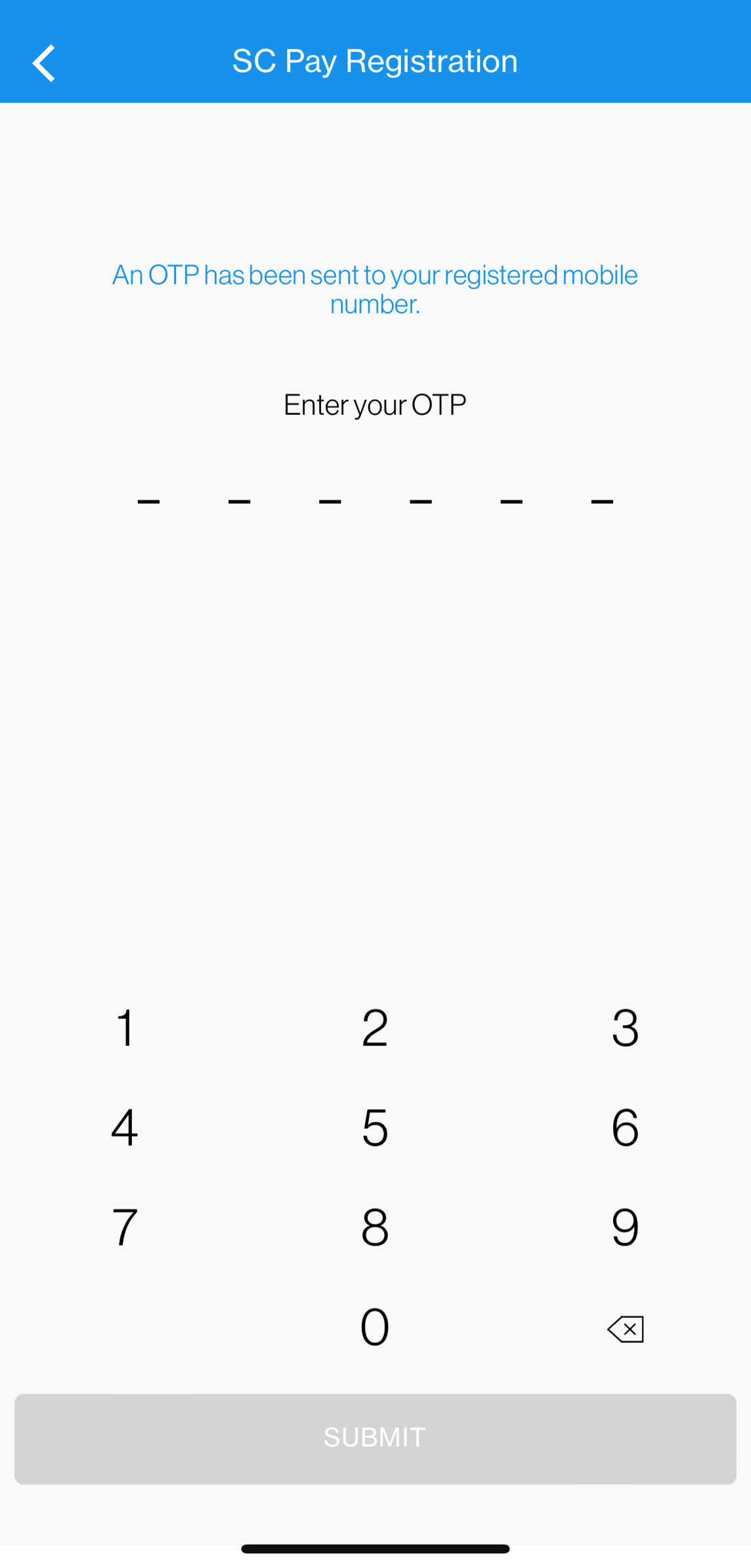 Enter SMS or email One-Time Password (OTP) to authenticate the registration
