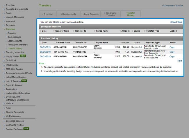 Showing transfers records up to last 3 months