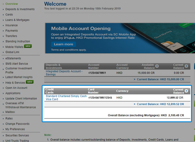 Click ‘Overview’ and select credit card you need to view.