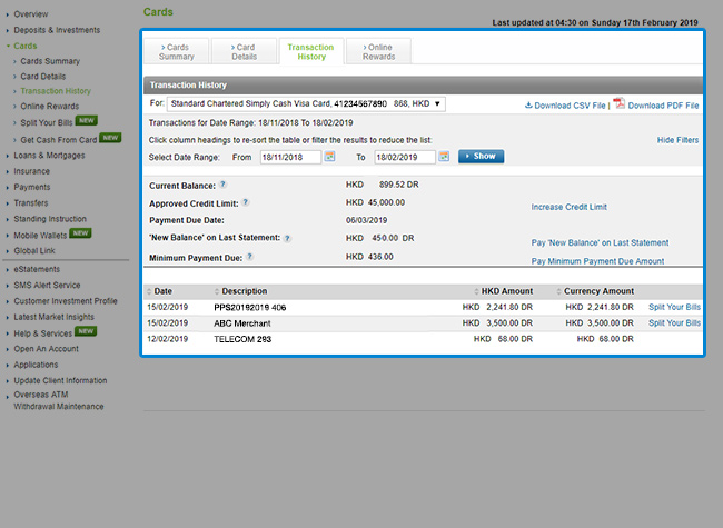 Showing your credit transactions record