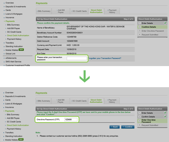Enter your Transaction Password and the One-time Password