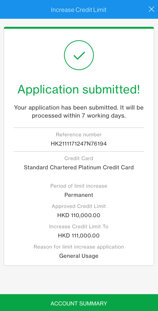 SC Mobile App Increase Credit Limit Activation completed