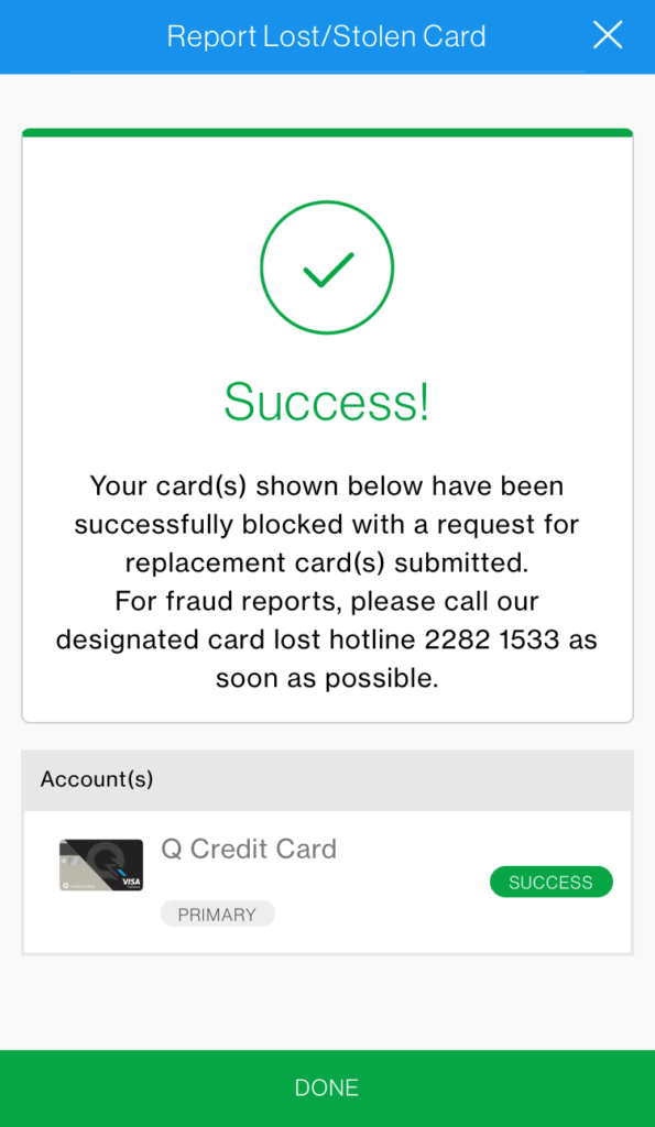 SC Mobile App Report Lost/Stolen Credit Card Step 6
