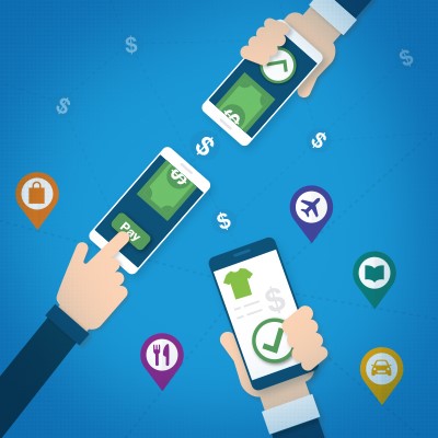 3 cartoon mobile phones, transfering money via mobile payment and transfer