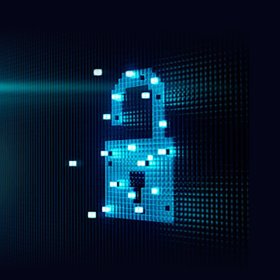 Digital image of a blue pixelated lock shining in dark