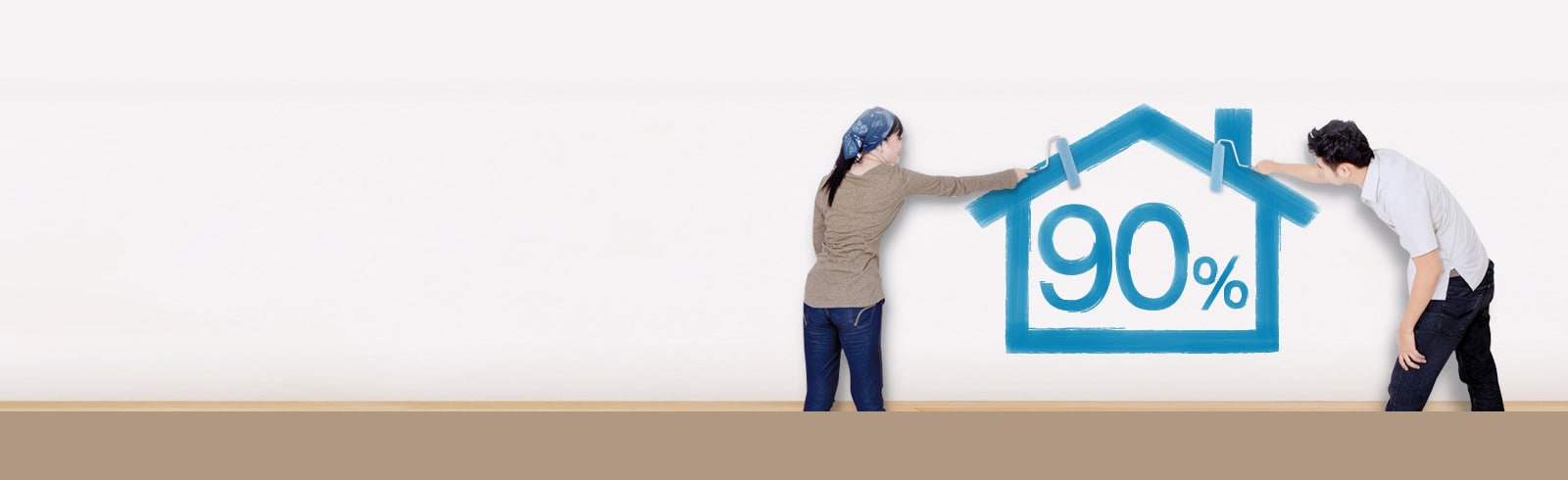 a couple painting a blue house with 90% in the house